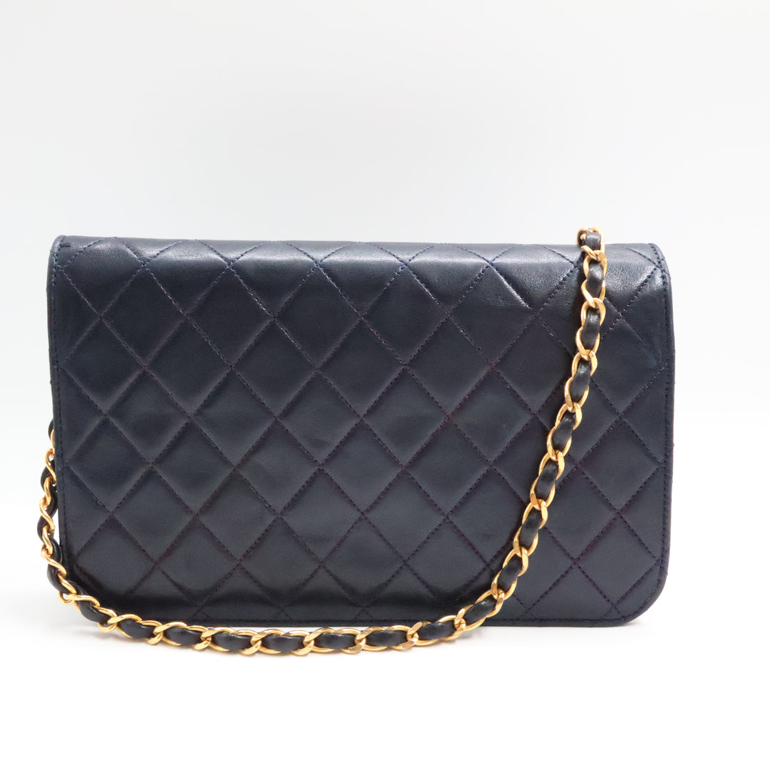 Chanel CC Navy Push Lock Single Flap Quilted Lambskin Shoulder Handbag
