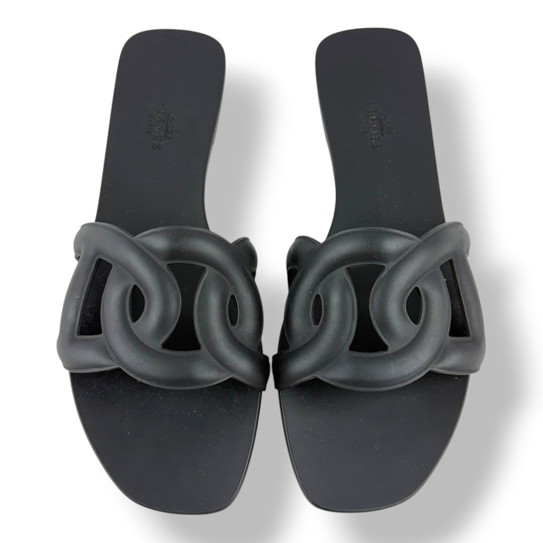 Hermes Aloha Black Flat Slides UK 5 EU 38