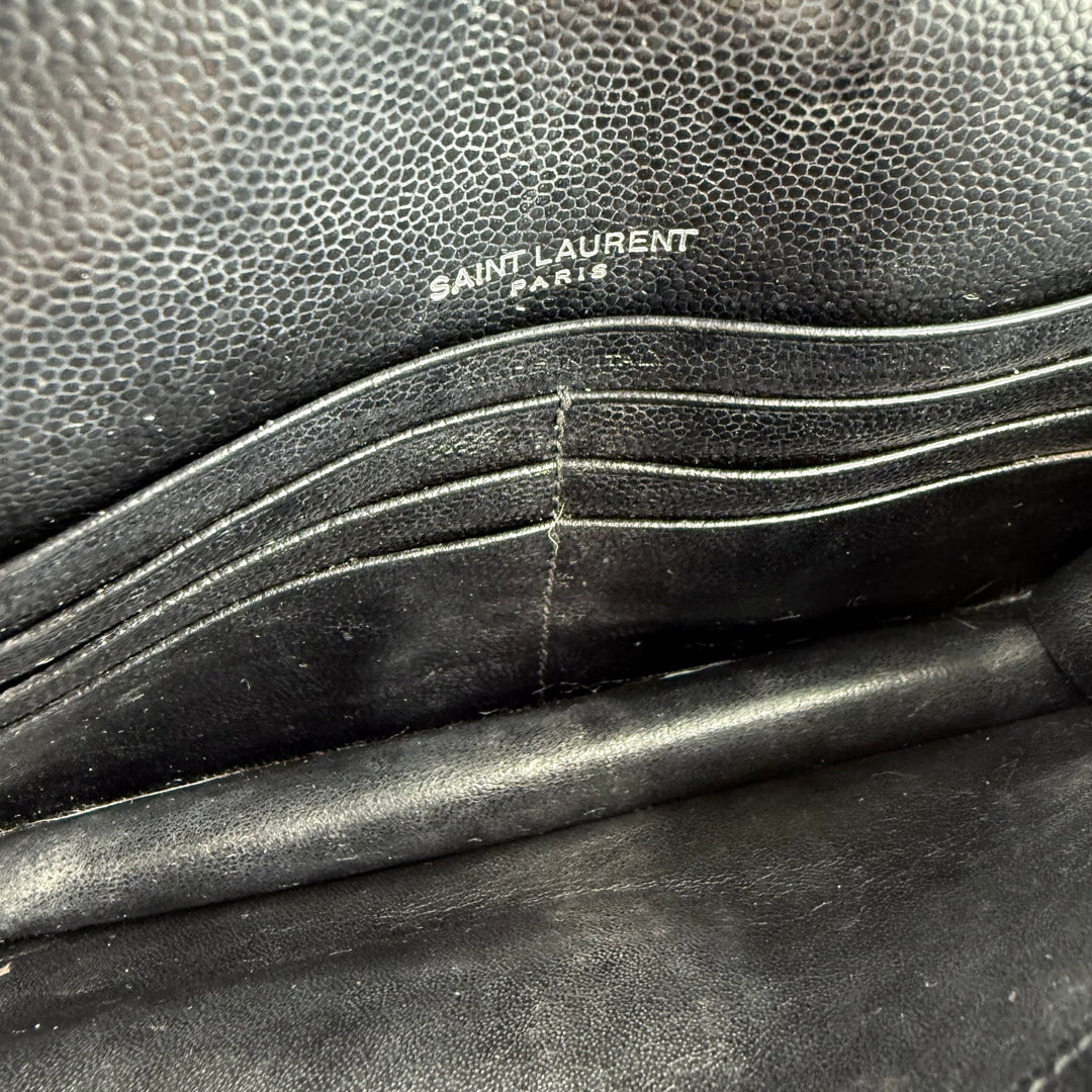 Saint Laurent YSL Black Grained Envelope Leather Wallet On Chain Handbag