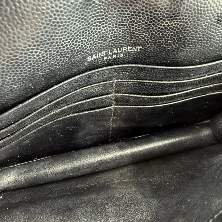 Saint Laurent YSL Black Grained Envelope Leather Wallet On Chain Handbag