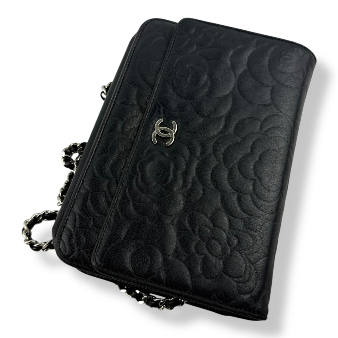 CHANEL Lambskin Quilted Camelia Wallet On Chain WOC Black Handbag