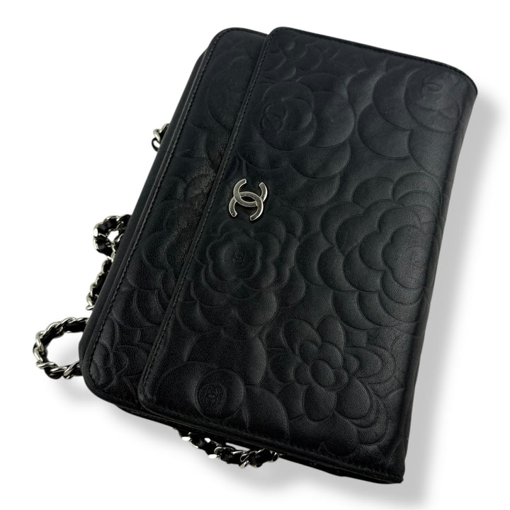 CHANEL Lambskin Quilted Camelia Wallet On Chain WOC Black Handbag