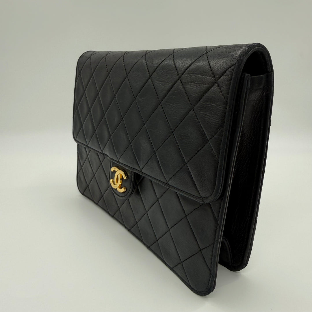 Chanel CC Black Push Lock Single Flap Quilted Lambskin Shoulder Handbag