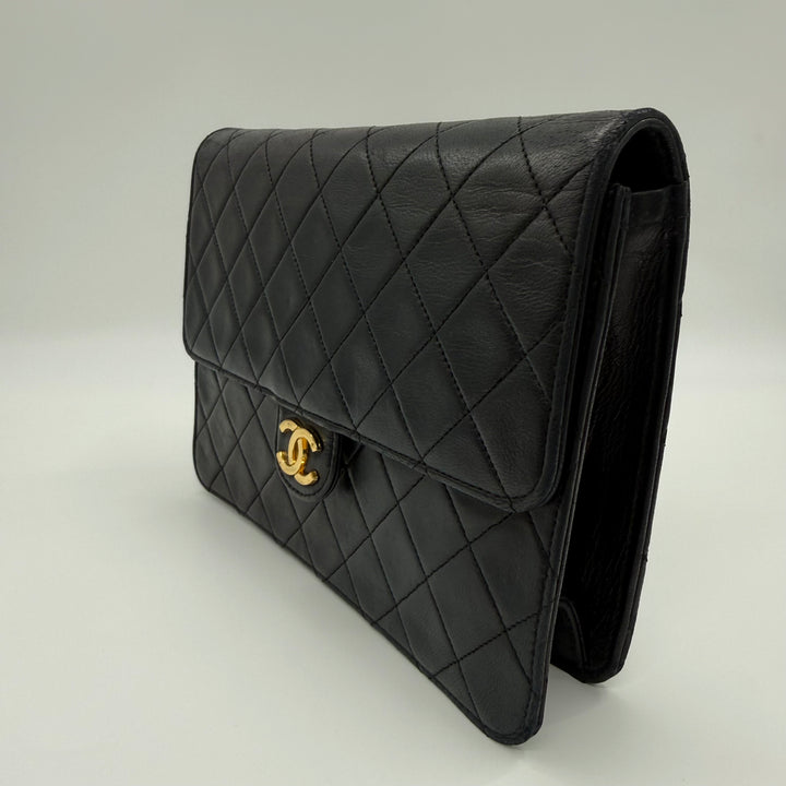 Chanel CC Black Push Lock Single Flap Quilted Lambskin Shoulder Handbag