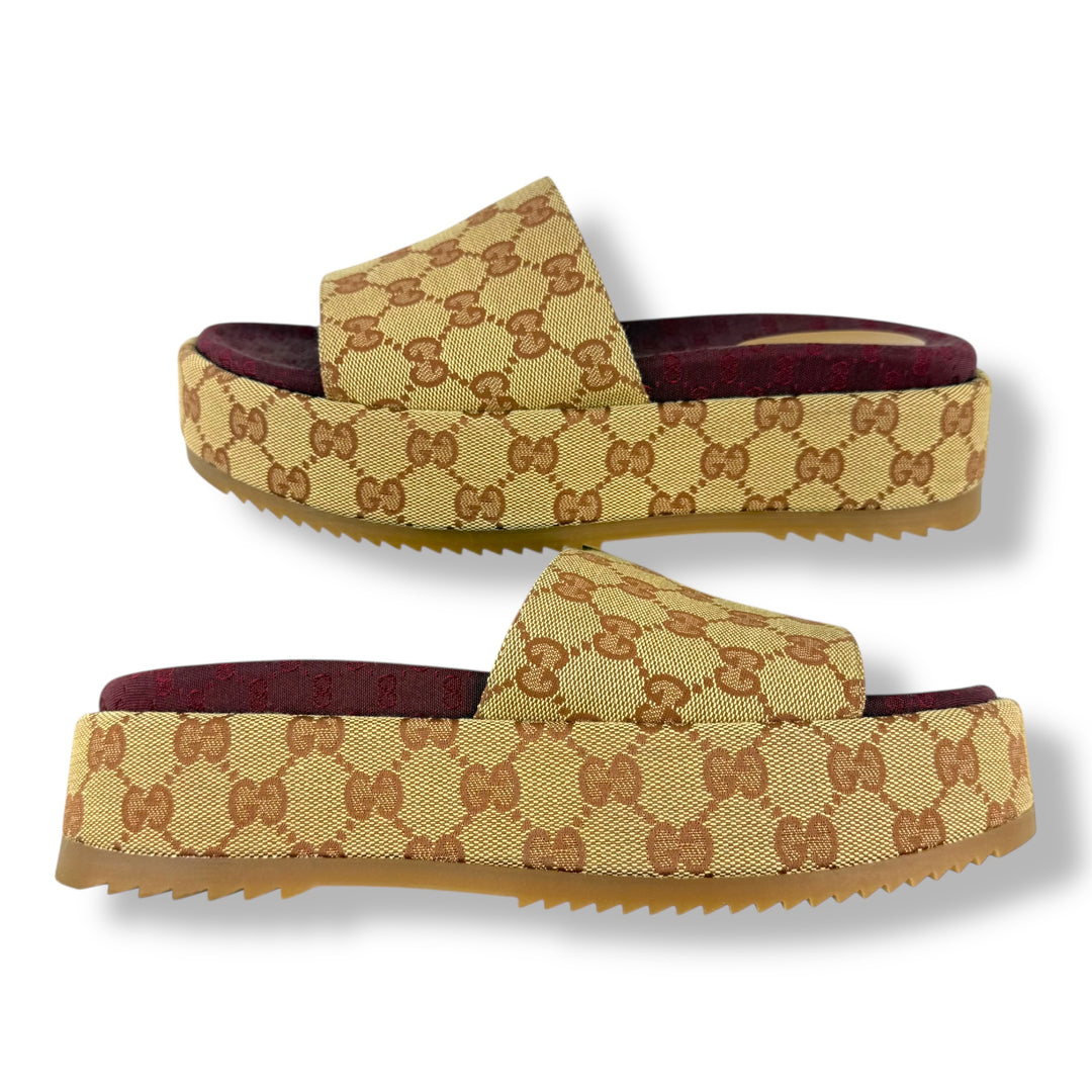 Gucci Beige/Burgundy GG Platform Sandals UK 6.5 / EU 39.5