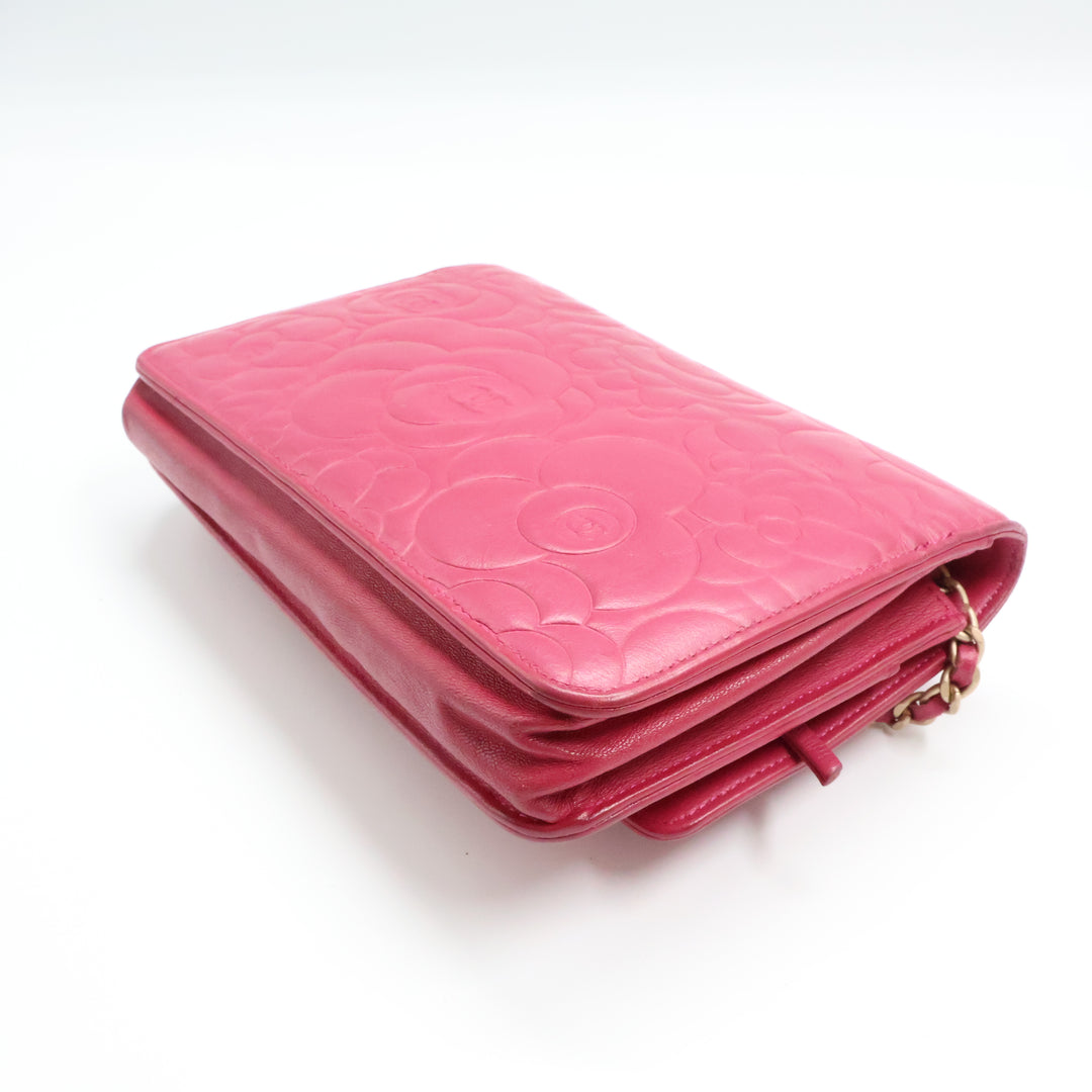 Chanel Lambskin Quilted Camelia Wallet On Chain WOC Fuchsia Handbag