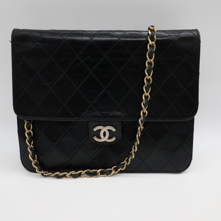 Chanel CC Black Push Lock Single Flap Quilted Lambskin Shoulder Handbag