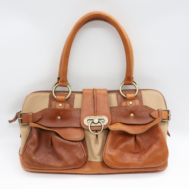 Burberry Vintage Beige/Brown Large Satchel Tote Handbag