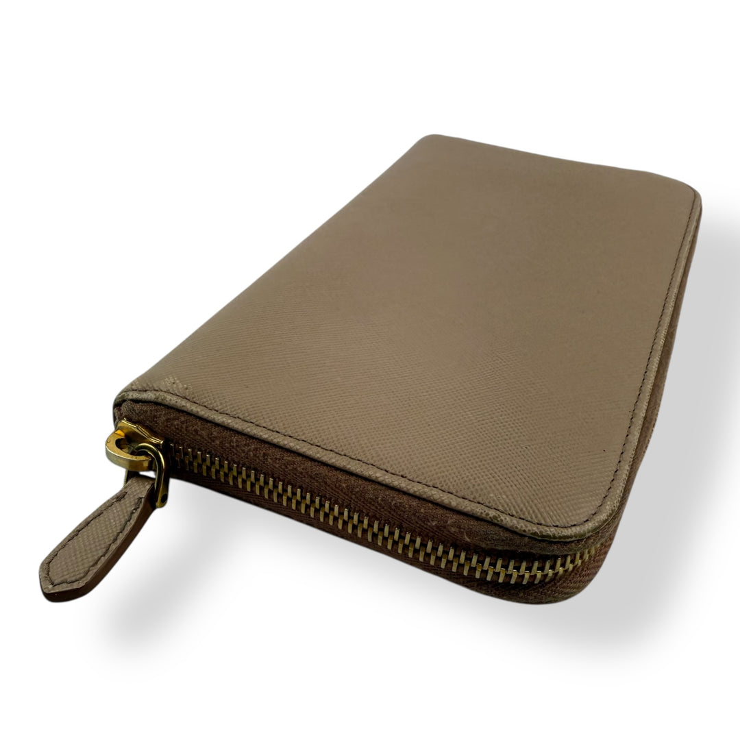 Prada Saffiano Beige Long Zip Around Wallet