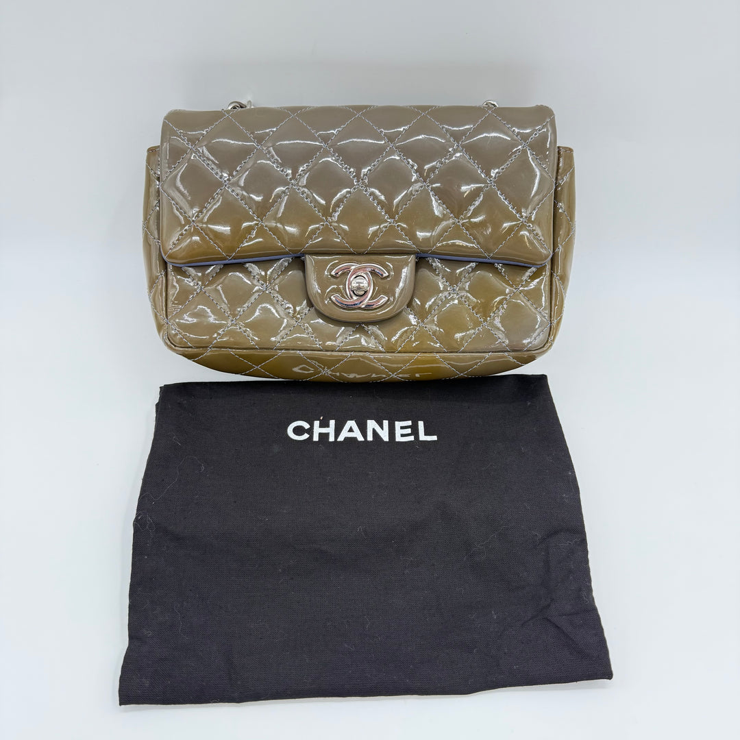 Chanel Mini Classic Flap Patent Leather Khaki Handbag