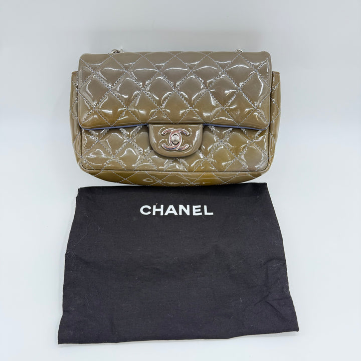 Chanel Mini Classic Flap Patent Leather Khaki Handbag