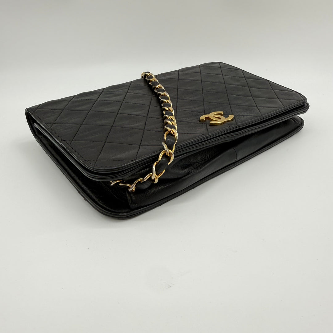 Chanel CC Black Push Lock Single Flap Quilted Lambskin Shoulder Handbag