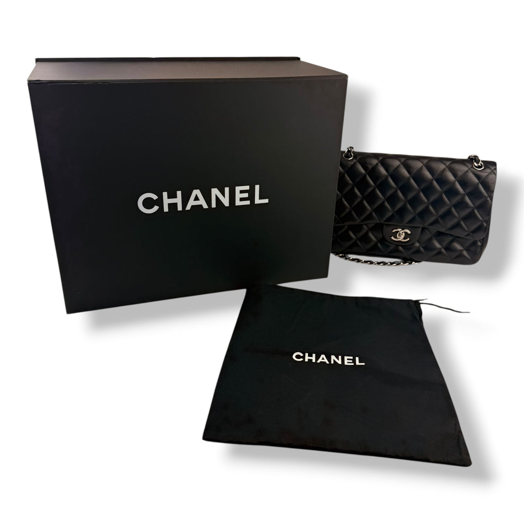 Chanel Double Classic Lambskin Black Flap Handbag Large