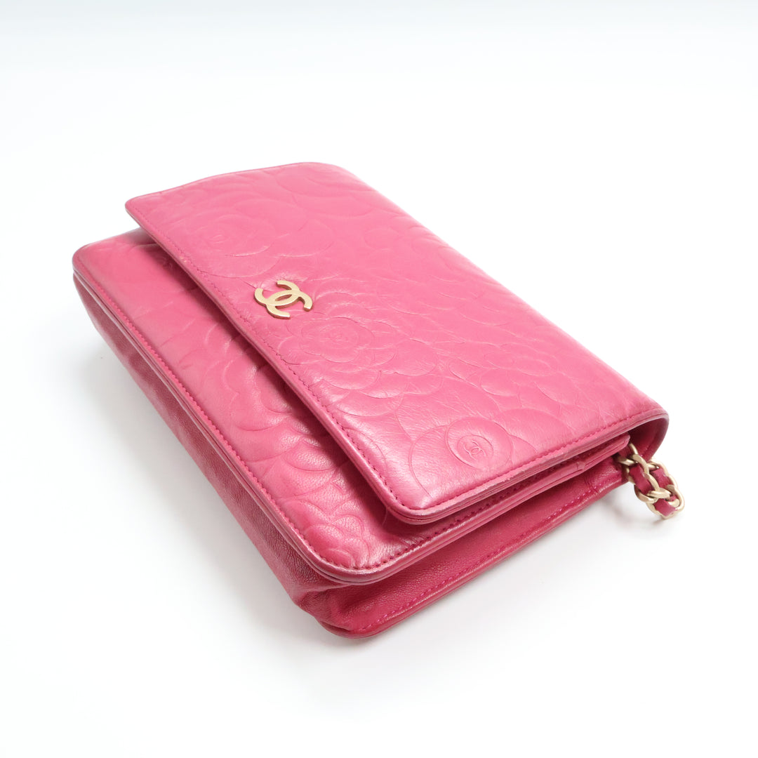 Chanel Lambskin Quilted Camelia Wallet On Chain WOC Fuchsia Handbag