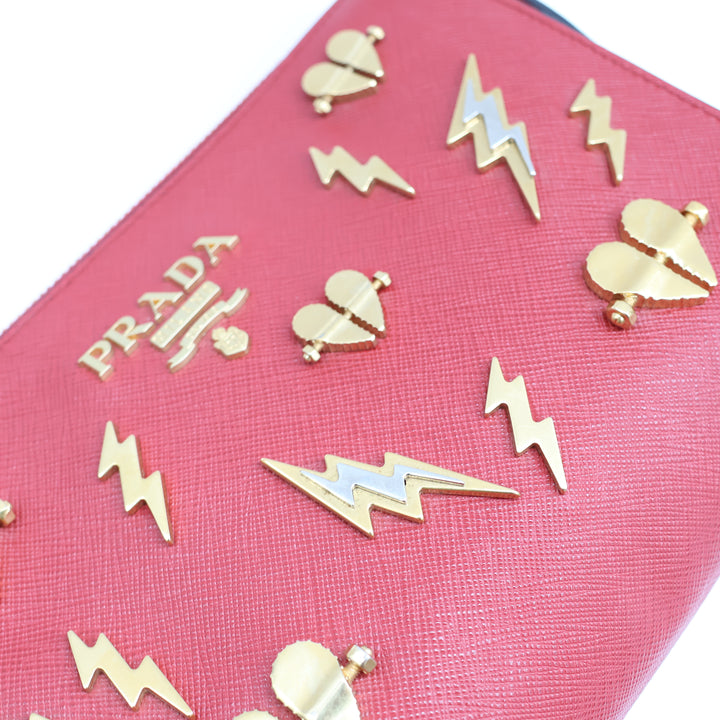 Prada Red Gold Embossed Clutch Handbag