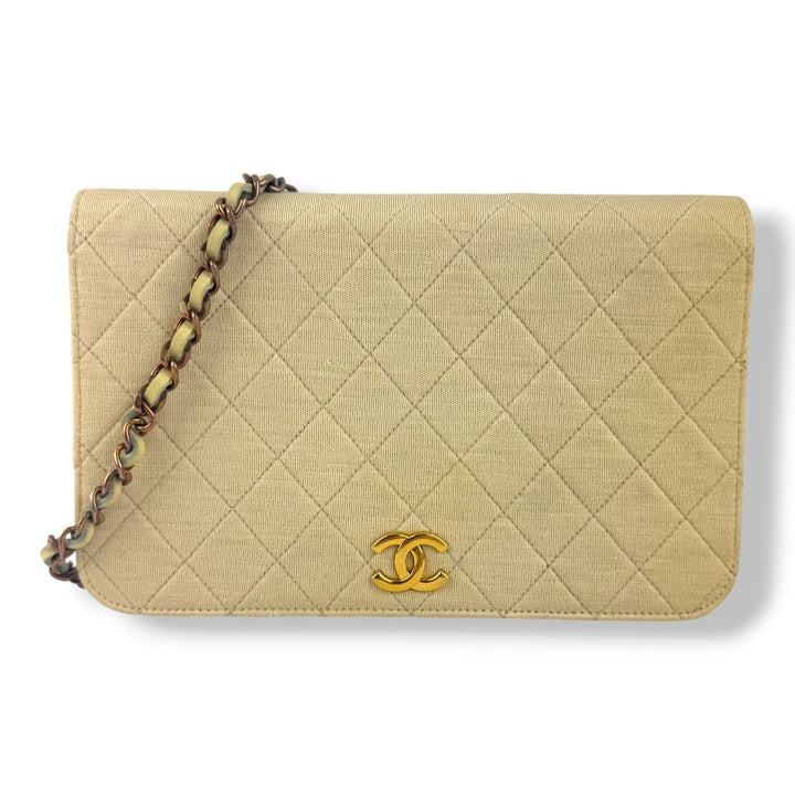 Chanel CC Cream Push Lock Single Flap Quilted Cotton Shoulder Handbag