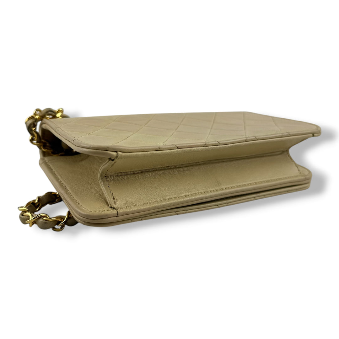 Chanel CC Beige Push Lock Single Flap Lambskin Shoulder Handbag