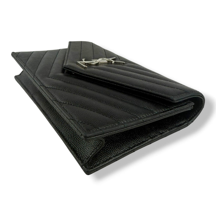 Saint Laurent YSL Black Grained Envelope Leather Wallet On Chain Handbag