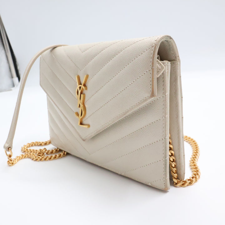 Saint Laurent YSL White Grained Envelope Leather Wallet On Chain Handbag