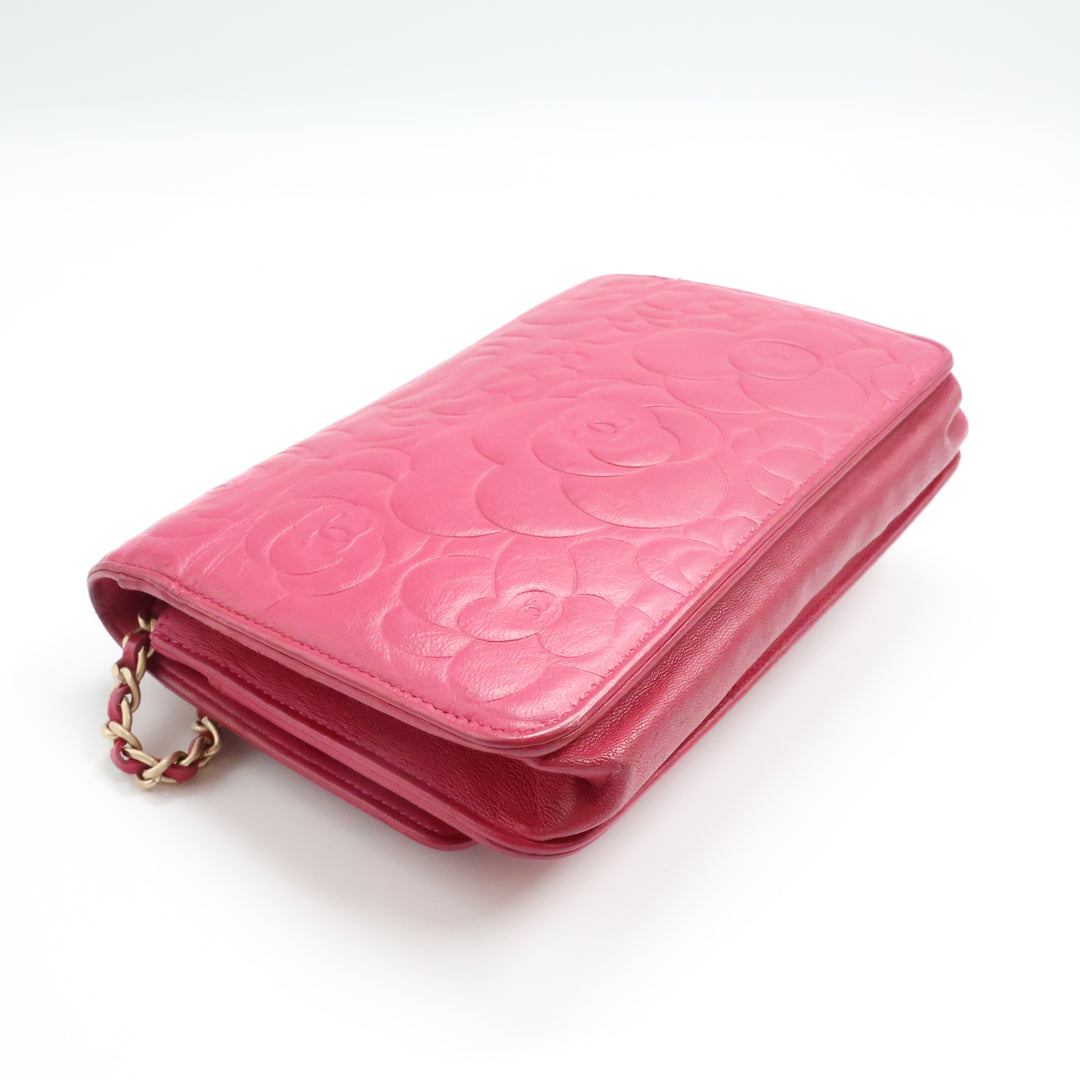 Chanel Lambskin Quilted Camelia Wallet On Chain WOC Fuchsia Handbag