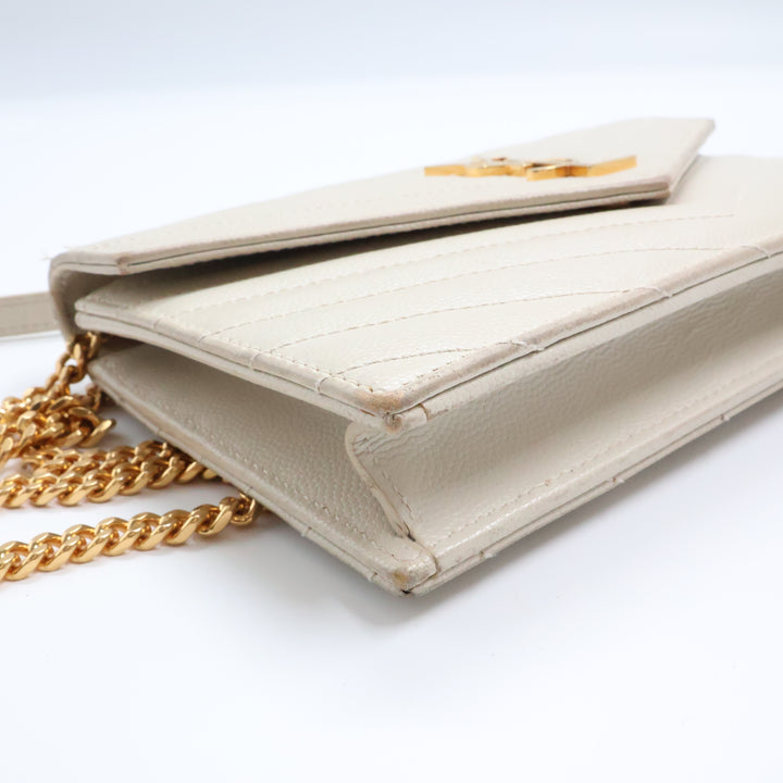 Saint Laurent YSL White Grained Envelope Leather Wallet On Chain Handbag