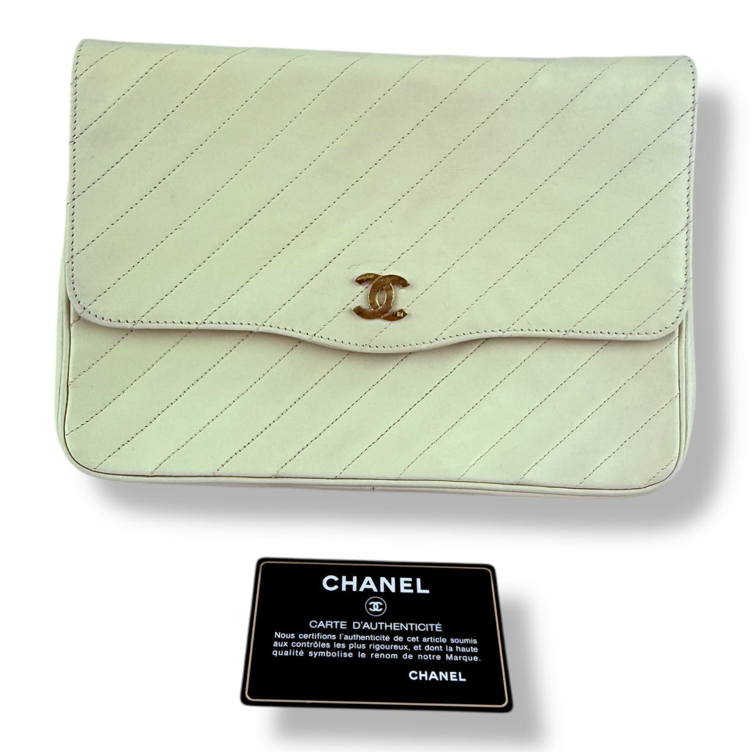 Chanel CC Cream Push Lock Single Flap Vintage Shoulder Handbag