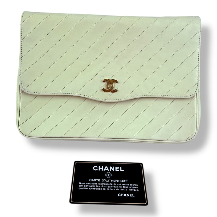 Chanel CC Cream Push Lock Single Flap Vintage Shoulder Handbag