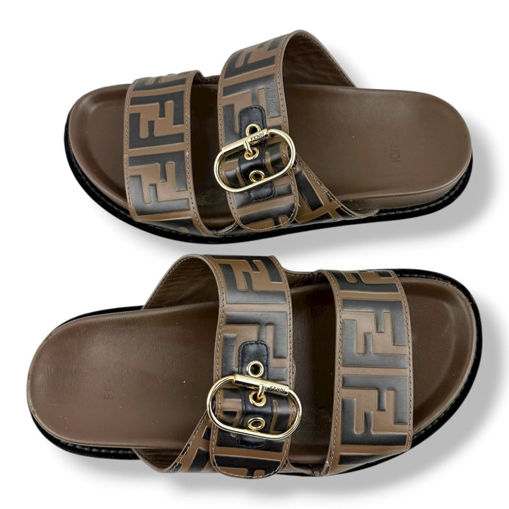 Fendi Brown Feel FF Jacquard Leather Sandals UK 4 / EU 37 - Lux Central