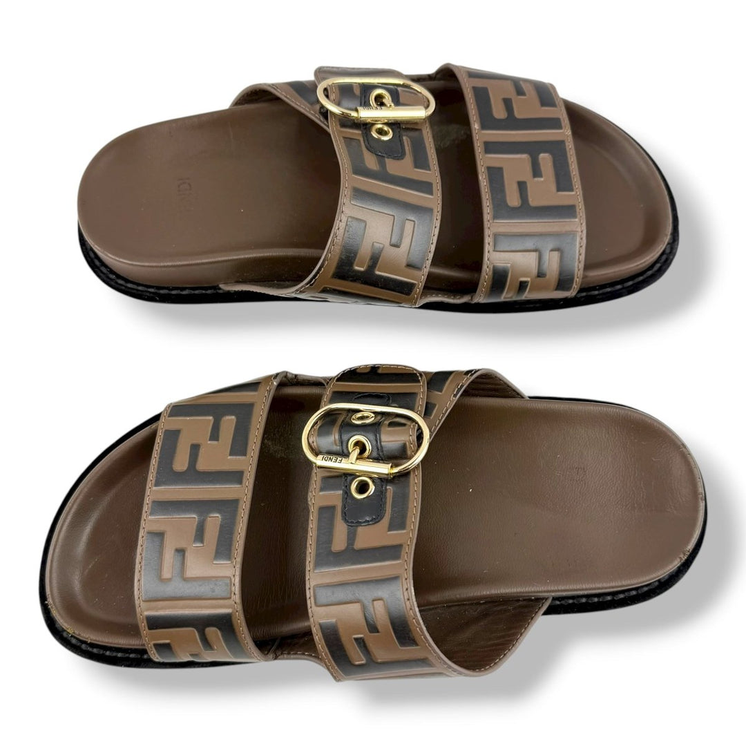 Fendi Brown Feel FF Jacquard Leather Sandals UK 4 / EU 37 - Lux Central