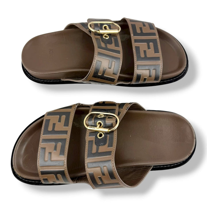 Fendi Brown Feel FF Jacquard Leather Sandals UK 4 / EU 37 - Lux Central