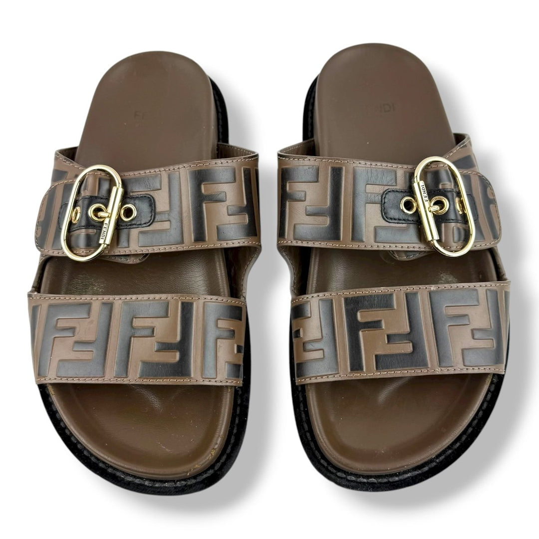 Fendi Brown Feel FF Jacquard Leather Sandals UK 4 / EU 37 - Lux Central