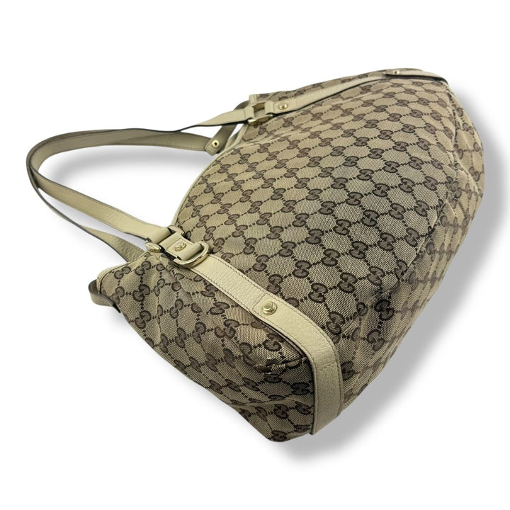 Gucci Abbey GG Beige Monogram Cloth/Leather Tote Handbag - Lux Central