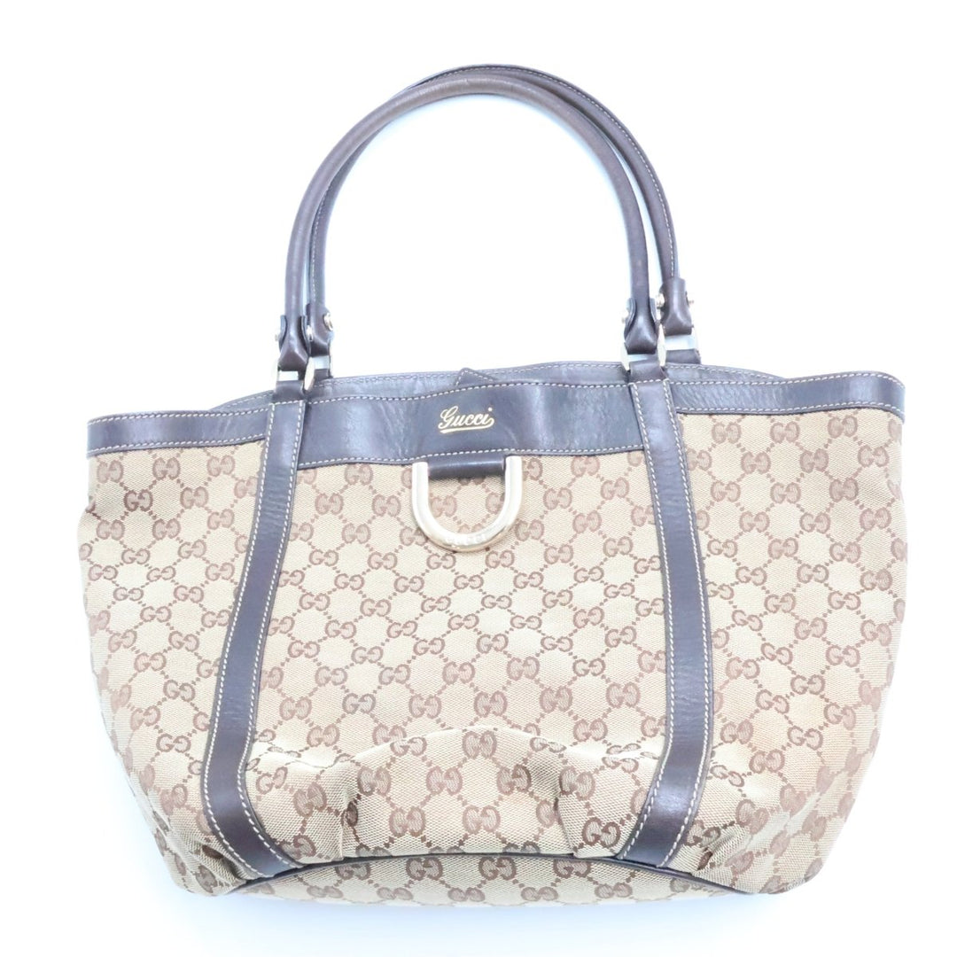 Gucci Abbey GG Beige/Brown Canvas D-Ring Tote Handbag - Lux Central