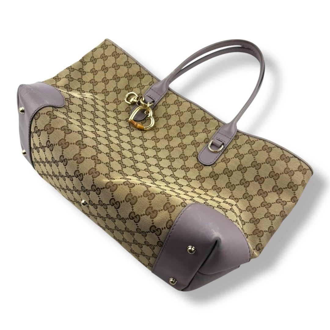 Gucci Abbey GG Beige/Lilac Canvas D - Ring Heart Tote Handbag - Lux Central