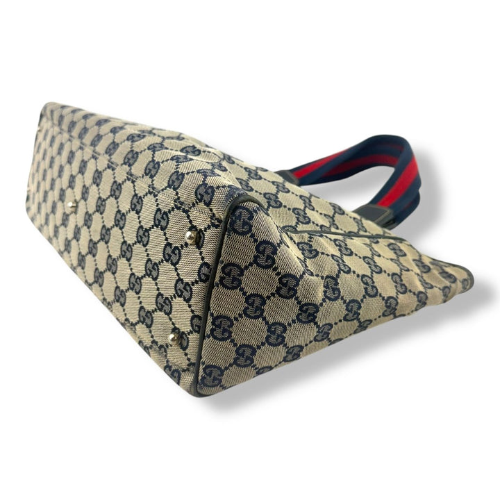Gucci Abbey GG Beige/Navy Canvas Tote Handbag - Lux Central