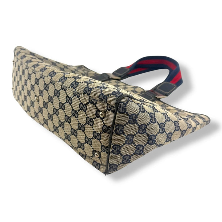 Gucci Abbey GG Beige/Navy Canvas Tote Handbag - Lux Central