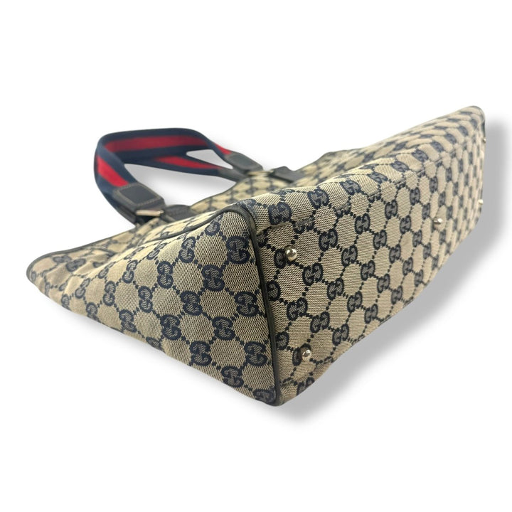 Gucci Abbey GG Beige/Navy Canvas Tote Handbag - Lux Central