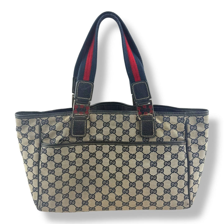 Gucci Abbey GG Beige/Navy Canvas Tote Handbag - Lux Central