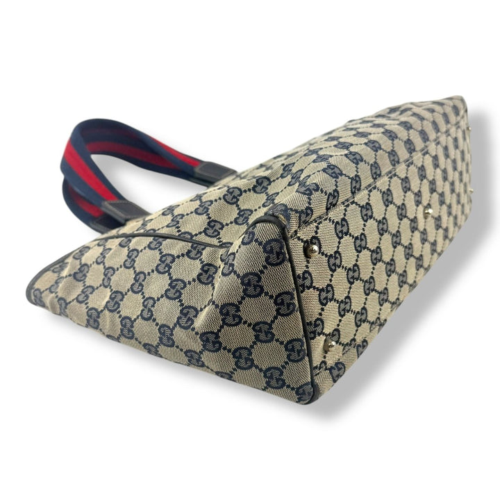 Gucci Abbey GG Beige/Navy Canvas Tote Handbag - Lux Central