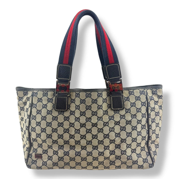 Gucci Abbey GG Beige/Navy Canvas Tote Handbag - Lux Central
