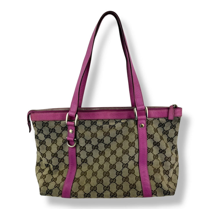 Gucci Abbey GG Beige/Pink Canvas D - Ring Tote Handbag - Lux Central