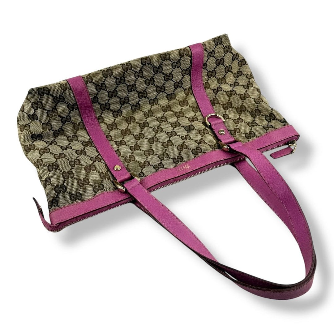 Gucci Abbey GG Beige/Pink Canvas D - Ring Tote Handbag - Lux Central
