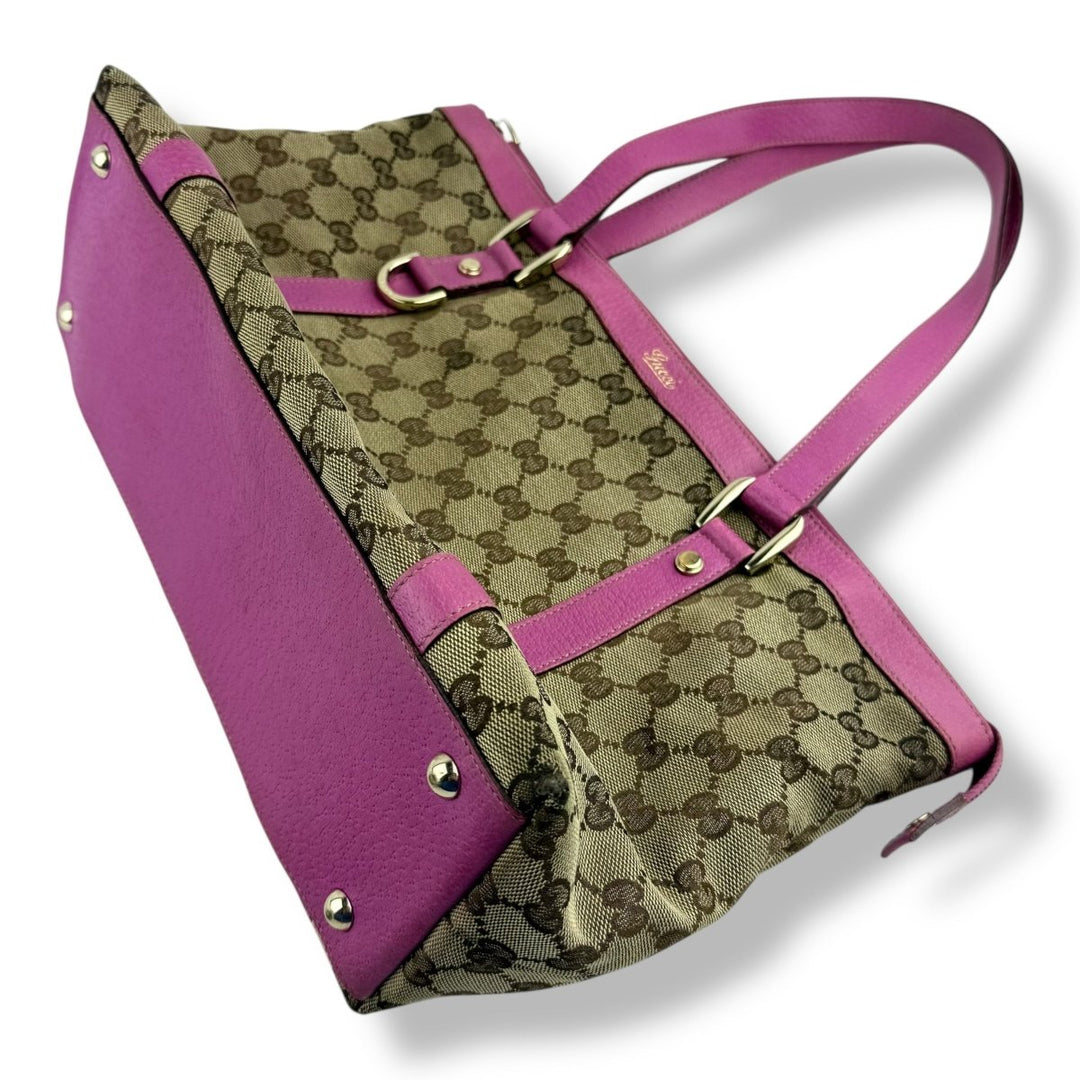 Gucci Abbey GG Beige/Pink Canvas D - Ring Tote Handbag - Lux Central