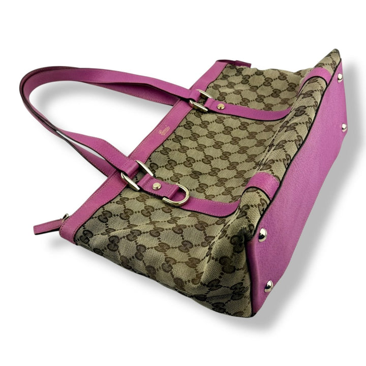 Gucci Abbey GG Beige/Pink Canvas D - Ring Tote Handbag - Lux Central