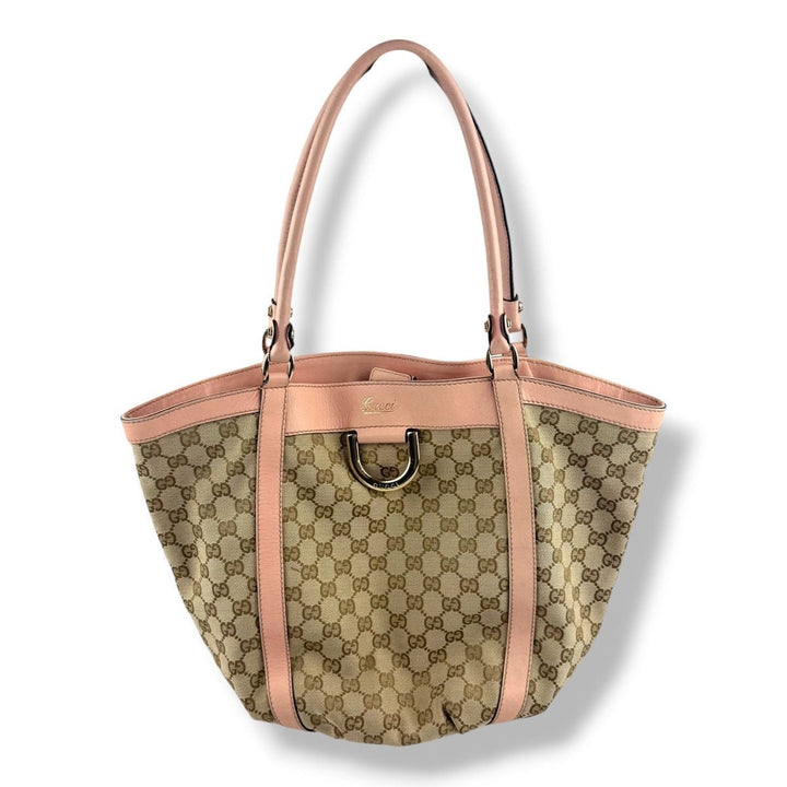 Gucci Abbey GG Beige/Pink Canvas D-Ring Tote Handbag - Lux Central