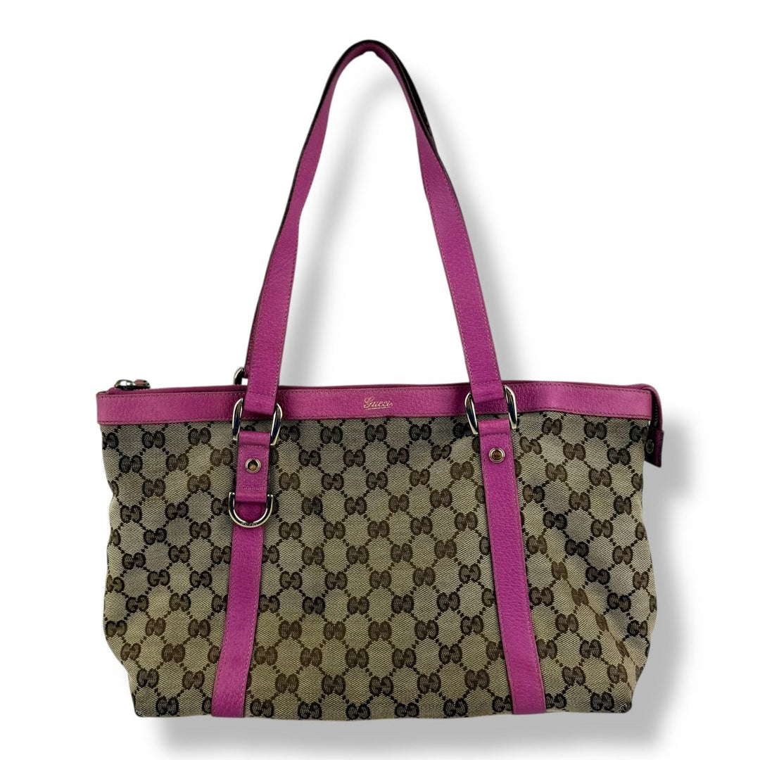 Gucci Abbey GG Beige/Pink Canvas D - Ring Tote Handbag - Lux Central