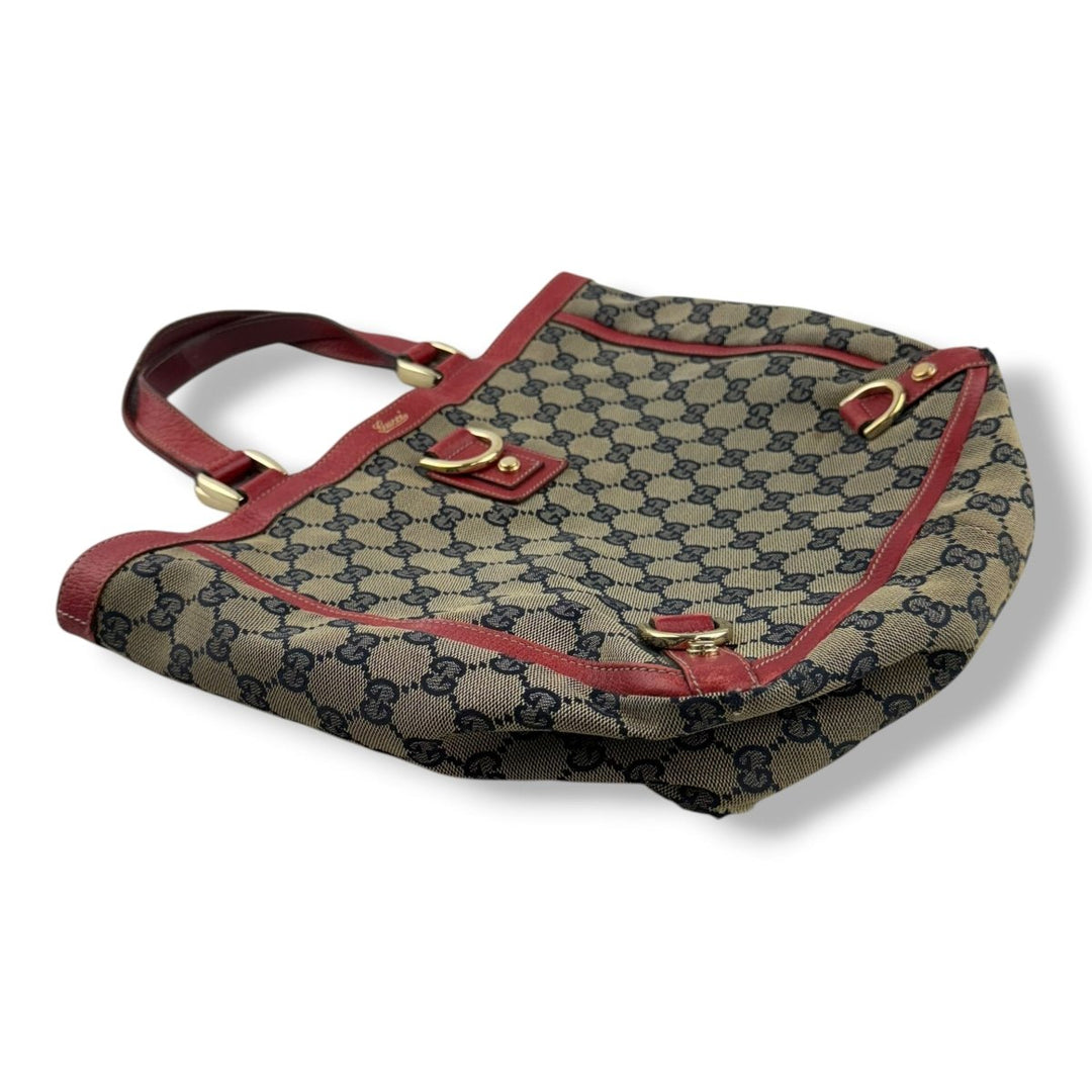 Gucci Abbey GG Beige/Red Canvas D - Ring Tote Handbag - Lux Central