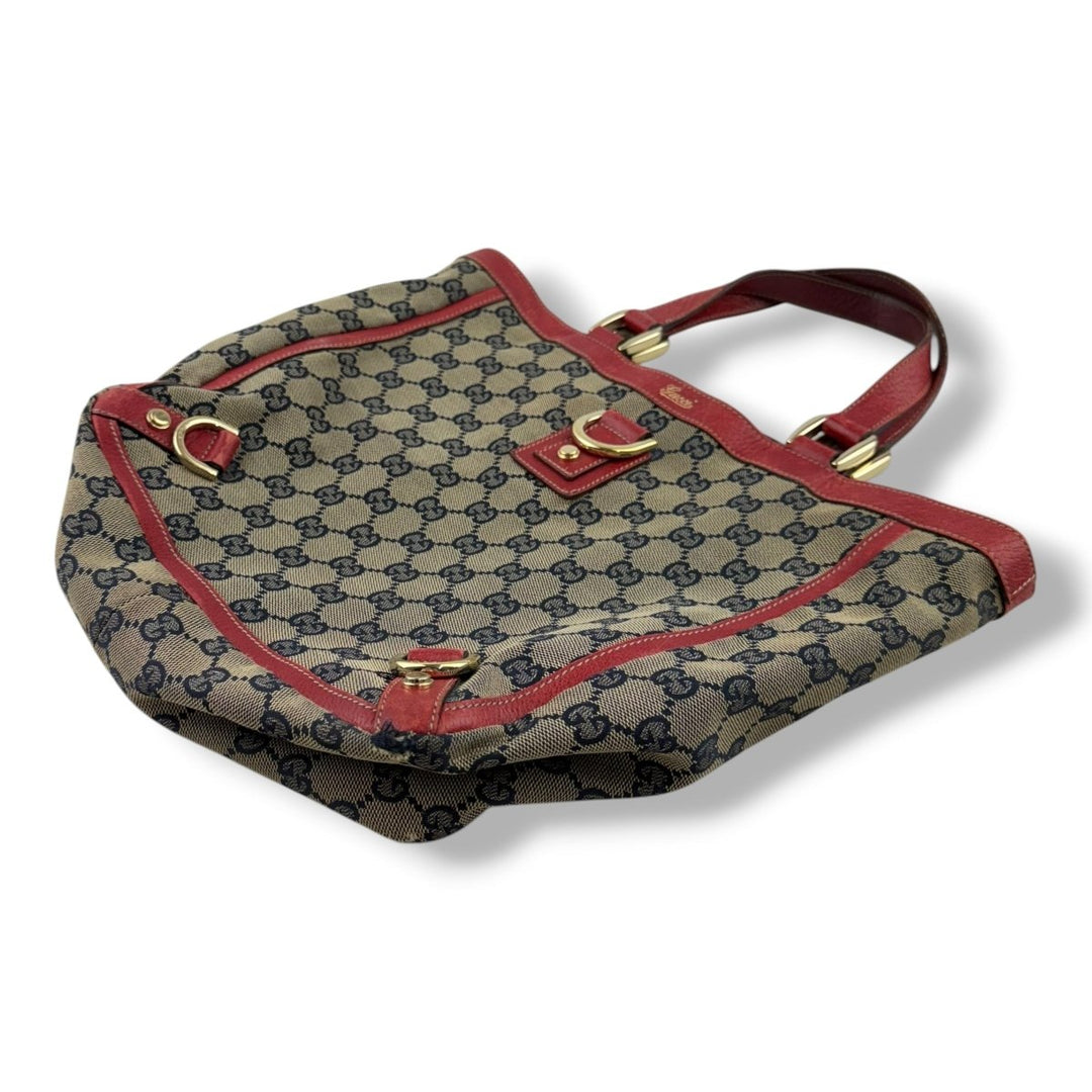 Gucci Abbey GG Beige/Red Canvas D - Ring Tote Handbag - Lux Central