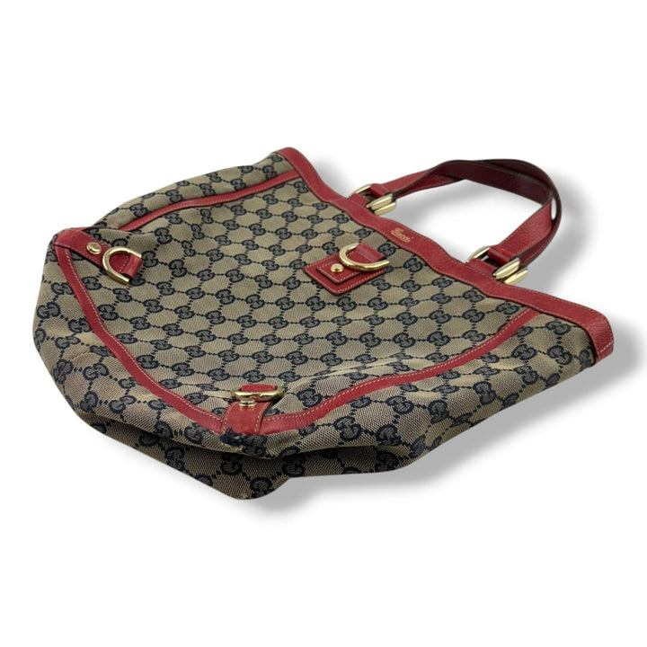 Gucci Abbey GG Beige/Red Canvas D - Ring Tote Handbag - Lux Central
