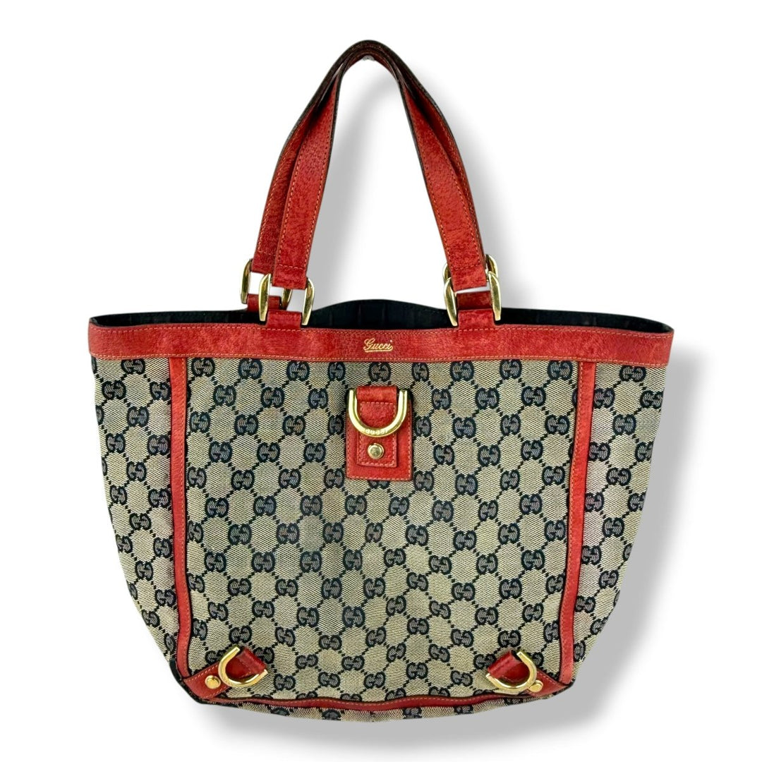 Gucci Abbey GG Beige/Red Canvas D - Ring Tote Handbag - Lux Central